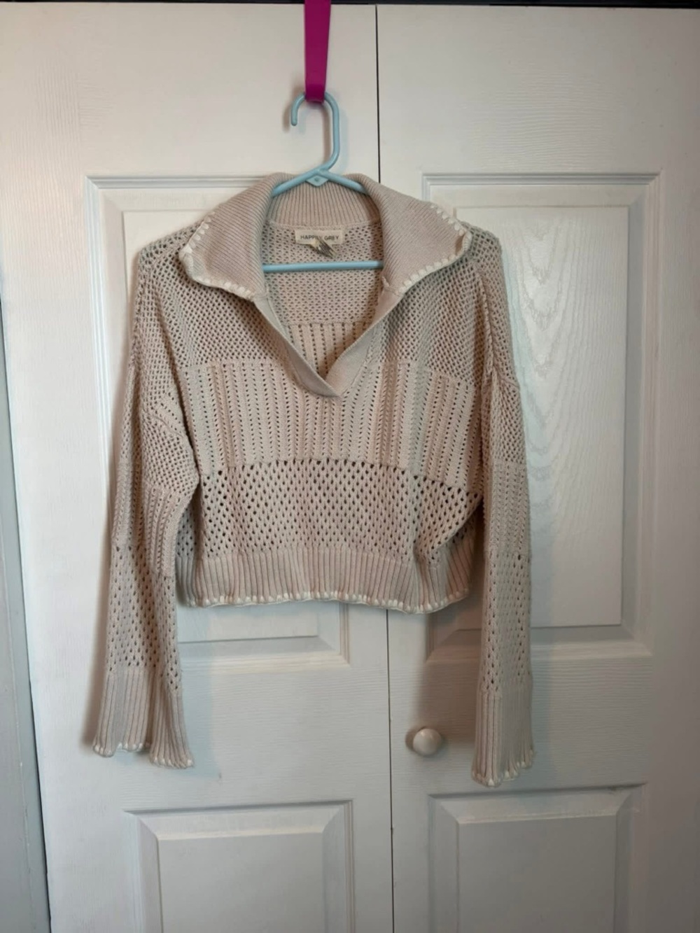 Open-Knit Collared Scoop Sweater in Cream by Love Tree